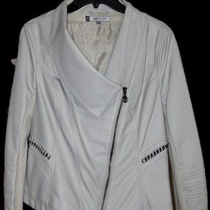 Light gray Jennifer Lopez pleather motorcycle jacket